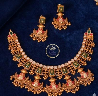 Divine Jewellery Royal Temple Peacock Motif Kundan Necklace Set with Traditional Jhumka Earrings