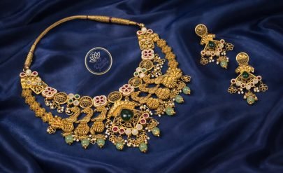 Divine Jewellery Royal Temple Peacock & Elephant Heritage Necklace Set with Green Stone Pendant