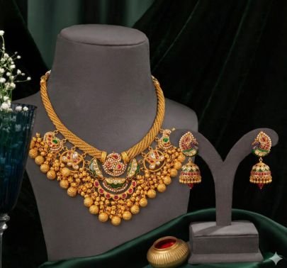 Divine Jewellery Royal Temple Style 92.5 Silver Gold Plated Choker Necklace Set with Jhumka Earrings