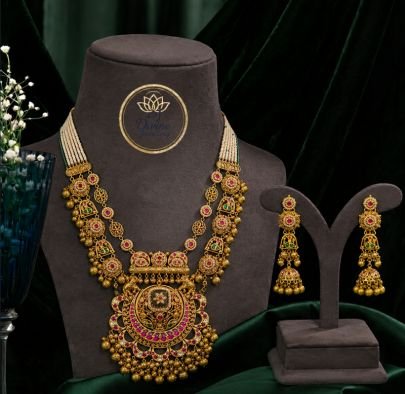 Divine Jewellery Royal Temple Style Bridal Necklace Set with Pink & Green Stones | Divine Jewellery