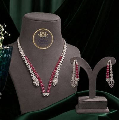 Divine Jewellery Ruby CZ V-Shape Necklace Set with Earrings | Rhodium Plated 92.5 Silver Bridal Jewellery