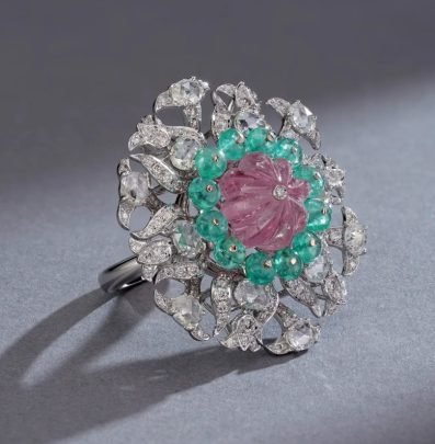 Divine Jewellery Ruby Emerald Crystal Floral Statement Ring