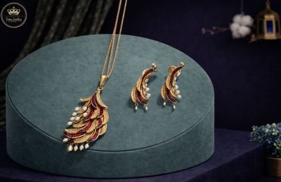 Divine Jewellery Ruby Feather Leaf Pendant Necklace Set with Pearl Drops