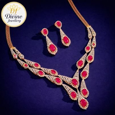 Divine Jewellery Ruby Flame Cascade Designer Necklace Set