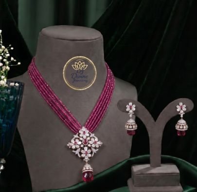 Divine Jewellery Ruby Pink Multi-Layer Beaded Necklace Set with Floral CZ Pendant & Earrings