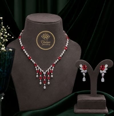 Divine Jewellery Ruby Red Diamond Necklace Set for Women | Silver Plated Bridal Jewellery with American Diamonds & Earrings