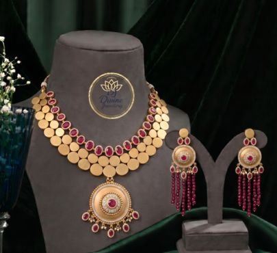 Divine Jewellery Ruby Red Matte Gold Temple Necklace Set with Statement Pendant & Beaded Earrings