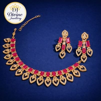 Divine Jewellery Ruby Royale Heritage Necklace Set with Antique Gold Finish & Grand Designer Drop Earrings