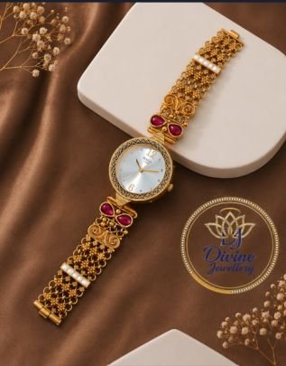 Divine Jewellery Ruby Stone Antique Gold Plated Watch Bracelet for Women