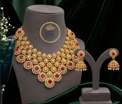 Divine Jewellery Ruby Stone Bridal Necklace Set with Jhumka Earrings for Women | 92.5 Silver Gold Plated Jewellery