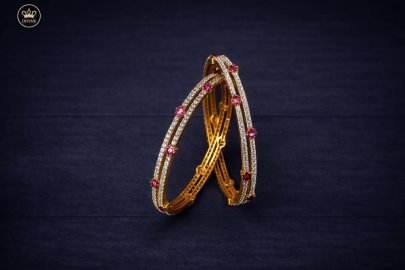 Divine Jewellery Ruby Stone Designer Kada Bangles with Crystal Detailing (Pair)