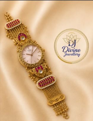 Divine Jewellery Ruby Stone Traditional Gold Plated Watch Bracelet for Women