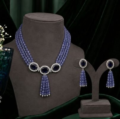 Divine Jewellery Sapphire Beaded Choker Necklace Set with Earrings | Blue Stone Gold Plated 92.5 Silver Designer Jewellery