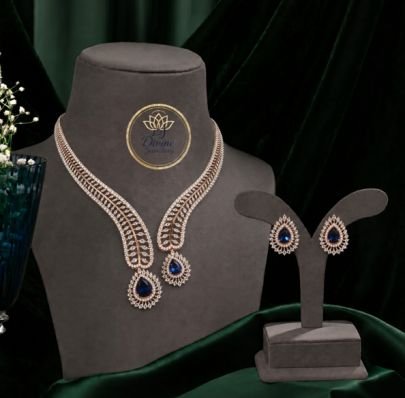 Divine Jewellery Sapphire CZ Necklace Set with Earrings | Rose Gold Plated 92.5 Silver Luxury Bridal Jewellery