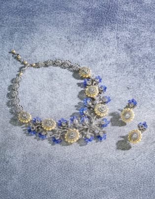 Divine Jewellery Sapphire Floral Crystal Designer Necklace Set