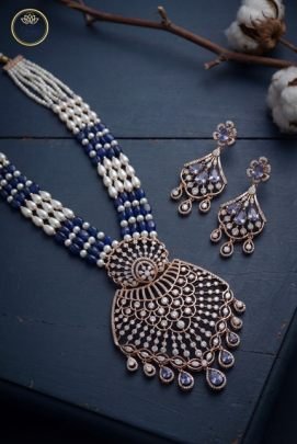 Divine Jewellery Sapphire Pearl Heritage Long Necklace Set with Crystal Filigree Pendant
