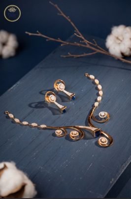 Divine Jewellery Sapphire Swirl Diamond-Style Rose Gold Statement Necklace Set