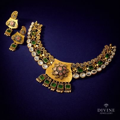 Divine Jewellery Silver Gold Plated Antique Temple Necklace Set with Kundan, Green Stones & Pearl Accents