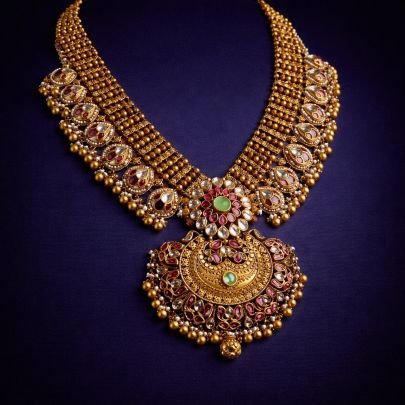 Divine Jewellery Silver Gold Plated Grand Bridal Temple Necklace with Kundan, Ruby Accents & Green Center Stone