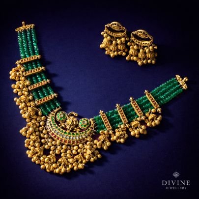 Divine Jewellery Silver Gold Plated Antique Temple Necklace Set with Emerald Beads & Traditional Jhumka Earrings