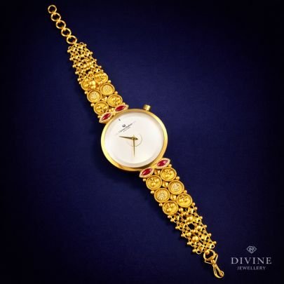 Divine Jewellery Silver Gold Plated Antique Designer Women’s Bracelet Watch with Ruby Accents