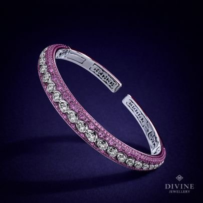 Divine Jewellery Silver Pink Stone Open Cuff Bracelet with Round Diamond Accents – Gold Plated Luxury Kada for Women