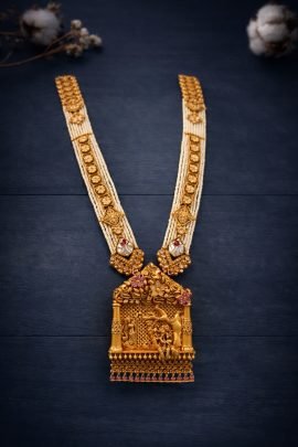 Divine Jewellery Temple Design Long Necklace with Traditional Heritage Pendant and Pearl Layer Chain
