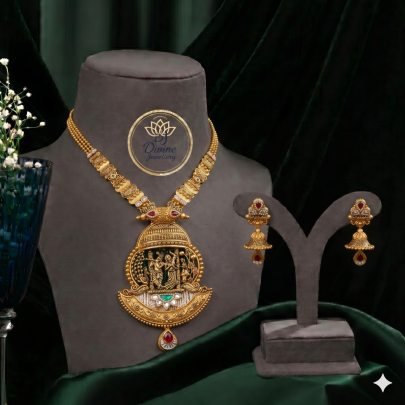 Divine Jewellery Temple Necklace Set for Women, Antique Gold Plated Lakshmi Pendant Necklace with Matching Jhumka Earrings, Traditional Bridal Wedding