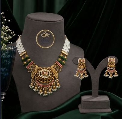 Divine Jewellery Temple Pearl Necklace Set with Earrings for Women | Gold Plated Silver Base Traditional Jewellery