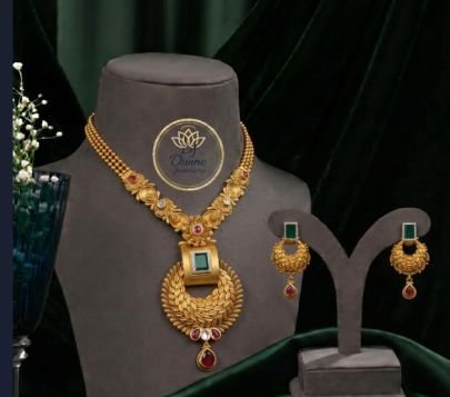 Divine Jewellery Traditional Antique Gold Plated Temple Necklace Set with Ruby & Emerald Stone Earrings