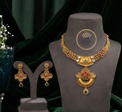 Divine Jewellery Traditional Antique Pendant Choker Set with Earrings for Women | 92.5 Silver Gold Plated Ethnic Jewellery