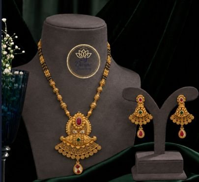 Divine Jewellery Traditional Antique Mangalsutra Pendant Set with Earrings for Women | 92.5 Silver Gold Plated Ethnic Jewellery