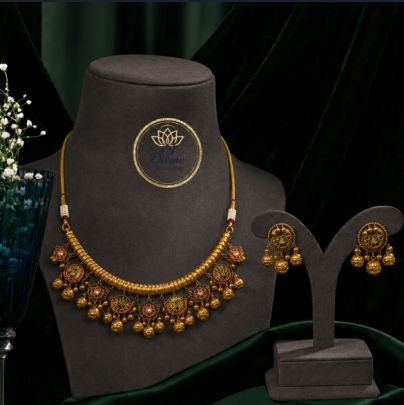 Divine Jewellery Traditional Antique Gold Short Necklace Set for Women | Ethnic Temple Jewellery with Earrings | Divine Jewellery