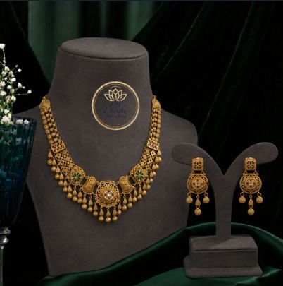Divine Jewellery Traditional Antique Gold Necklace Set with Earrings for Women | 92.5 Silver Gold Plated Ethnic Jewellery