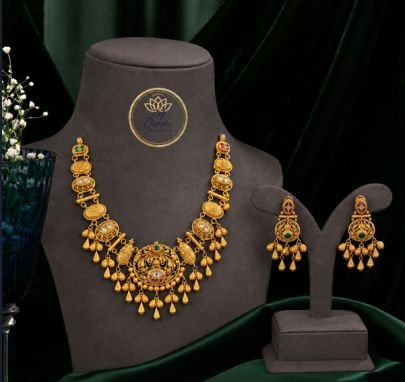 Divine Jewellery Traditional Antique Gold-Plated Temple Necklace Set with Floral Pendant & Hanging Earrings