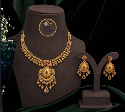 Divine Jewellery Traditional Antique Gold-Plated Coin Necklace Set with Teardrop Pendant & Earrings