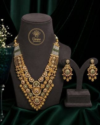 Divine Jewellery Traditional Antique Gold Plated Bridal Necklace Set with Earrings | Multi Layer Ethnic Temple Jewellery for Women | Divine Jewellery
