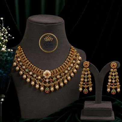 Divine Jewellery Traditional Antique Choker Necklace Set for Women | 92.5 Silver Gold Plated Multicolor Bridal Necklace with Earrings