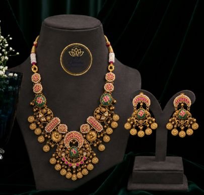 Divine Jewellery Traditional Antique Coin Necklace Set for Women | 92.5 Silver Gold Plated Ethnic Bridal Necklace with Earrings