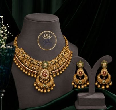Divine Jewellery Traditional Antique Pendant Choker Necklace Set with Earrings for Women | Gold Plated Silver Bridal Jewellery