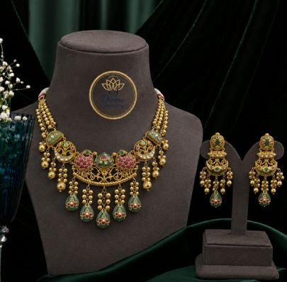 Divine Jewellery Traditional Antique Necklace Set with Long Earrings for Women | Gold Plated Silver Ethnic Bridal Jewellery