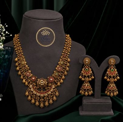 Divine Jewellery Traditional Antique Gold-Plated 92.5 Silver Bridal Necklace Set with Jhumka Earrings | Temple Design Kundan Ruby Green Stone Necklace