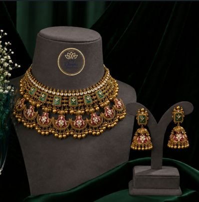 Divine Jewellery Traditional Antique Gold Plated Choker Necklace Set with Green Meenakari Work & Matching Jhumka Earrings