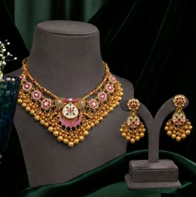 Divine Jewellery Traditional Antique Necklace Set for Women | Gold Plated Pink Stone & Pearl Drop Choker with Matching Earrings | Bridal Wedding Jewel