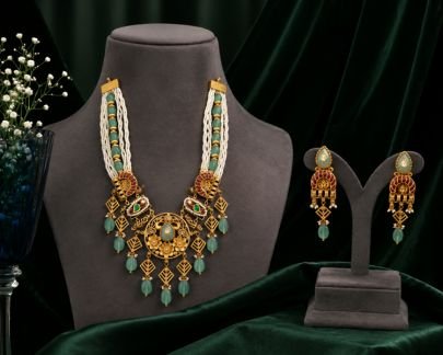 Divine Jewellery Traditional Beaded Gold Plated Necklace Set for Women | Antique Ethnic Jewellery with Green Stone Drops & Matching Earrings | Festive