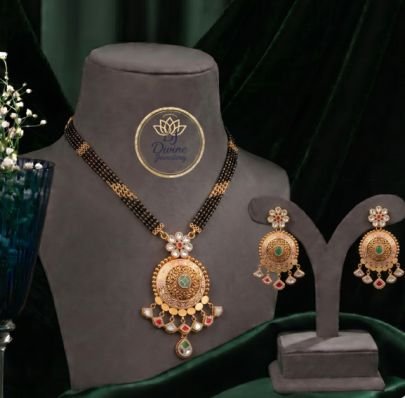 Divine Jewellery Traditional Black Beaded Mangalsutra Set with Antique Pendant & Designer Earrings