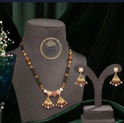 Divine Jewellery Traditional Black Beads Mangalsutra Set with Floral Pendant & Earrings | Gold Plated Silver Jewellery for Women