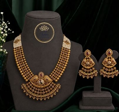 Divine Jewellery Traditional Bridal Haram Set for Women | Gold Plated Silver Multi Layer Necklace with Earrings | Antique Ethnic Jewellery