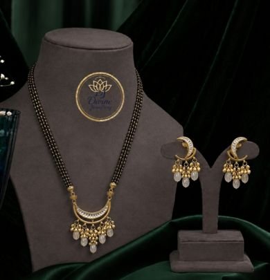 Divine Jewellery Traditional Black Bead Chandbali Mangalsutra Set with Matching Earrings | 92.5 Silver Base with Gold Plating | Ethnic Wedding & Daily
