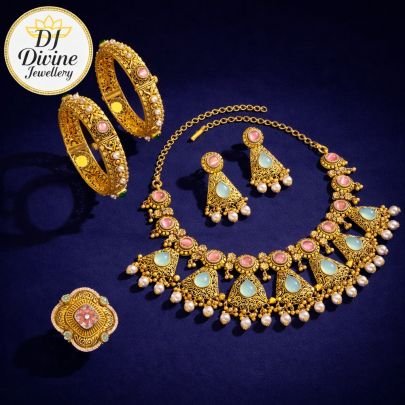 Divine Jewellery Traditional Gold Plated Multi-Color Stone Necklace Set with Earrings, Bangles & Ring | Bridal Wedding Ethnic Jewellery Set for Women